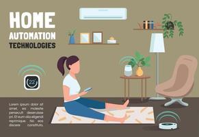 Plantilla de vector plano de banner de tecnologías de automatización del hogar. folleto de iot, diseño de concepto de cartel con personajes de dibujos animados. Folleto horizontal de dispositivos domésticos inteligentes, folleto con lugar para texto