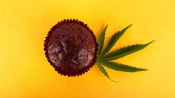 Chocolate muffin cake with marijuana on yellow background photo