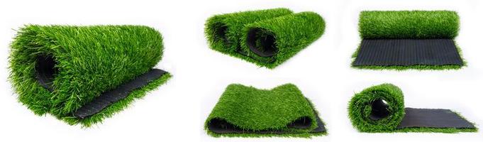 Collage of rolls of artificial plastic turf for sports fields