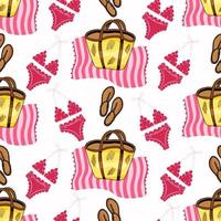 Vector seamless pattern with pink swimsuit, pink striped towel, women sandals, beach tote bag on white background. Sandy beach. Summer accessories