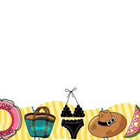 Summer holidays border banner template with copy space. Vacation tropical beach accessories and swimsuit, tote bag, lifebuoy, sunhat, watermelon slice on transparent background vector