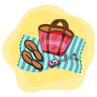 Vector illustration of beach blue towel laying on the sand with beach bag, mp3 player, women shoes on top of it. Sandy beach. Summer accessories.