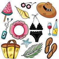 Set with summer tropical beach accessories on white background