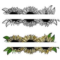 Banner, border, Ink sunflowers on white background for greeting card, line art. Hand-drawn decorative blooming sunflower elements in vector