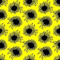 Seamless pattern with black sunflowers flower line art on yellow background illustration of a sunflower. Hand-drawn decorative blooming sunflower elements in vector