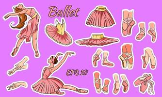 vector conjunto de ballet. bailarina y zapatos de punta. pies de bailarina en zapatillas de ballet. tutús y vestidos de ballet. brazos.