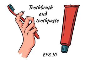 Teeth cleaning kit. Toothbrush in hand and toothpaste. Isolated items on a white background. vector