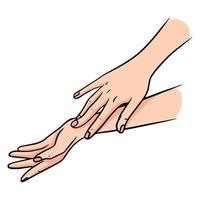 A beautiful female hand points to the side with a gesture. vector