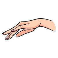 A beautiful female hand points to the side with a gesture. vector