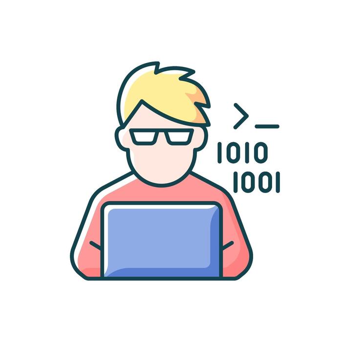 Programmer vector flat color icon. Computer expert. Man coding on ...