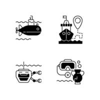 Marine exploration black linear icons set vector