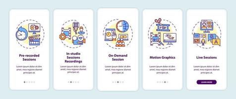 Virtual event content onboarding mobile app page screen with concepts vector