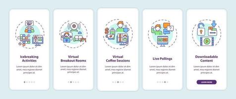 Virtual events success tips onboarding mobile app page screen with concepts vector