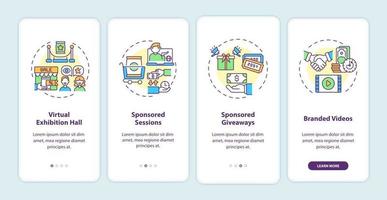 Sponsorship virtual events ideas onboarding mobile app page screen with concepts vector