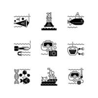 Marine exploration black linear icons set vector