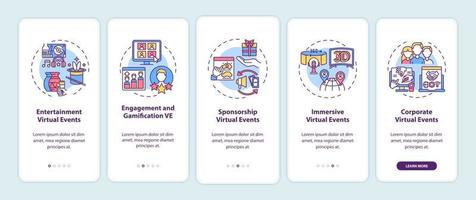 Virtual events types onboarding mobile app page screen with concepts vector