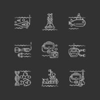 Iconos de tiza blanca de exploración marina en fondo negro vector