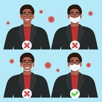 How to properly and correctly wear a mask. Coronavirus COVID-19 pandemic concept vector