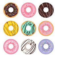 conjunto de dibujos animados de donas de diferentes colores en estilo plano vector