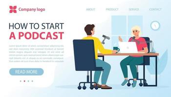 Podcast in studio, blogging, interviews, webinar, online courses concept vector