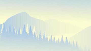 Vector paisaje de montaña de hielo con bosque de pinos, diseño de concepto de niebla y nieve.