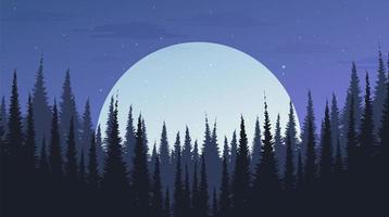 Hermoso bosque de pinos de noche con la luna, fondo de paisaje, diseño de concepto de noche vector