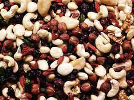 Close-up of pile of trail mix or dried fruit and nuts