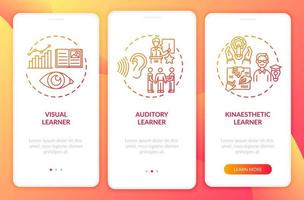 pantalla de página de aplicación móvil de incorporación roja de estilos de aprendizaje con conceptos vector