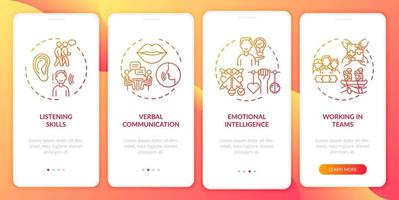 Interpersonal skill self assessment categories red onboarding mobile app page screen with concepts vector