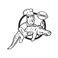 Mascot icon illustration of a chef twirling an American football ball while carrying an alligator vector