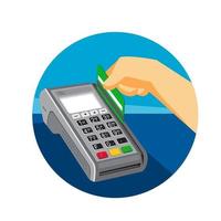 Retro style illustration of a hand swiping a credit card on point of sale terminal vector