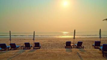 Sombrilla de playa con palmeras y playa al amanecer. video