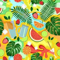 Yellow seamless background with colorful drinks and fruits vector