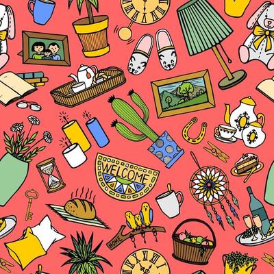 Pink background with colorful interior items