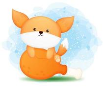 Cute doodle baby fox behind big fried chicken cartoon character vector