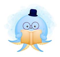 Cute doodle octopus reads a book cartoon character vector