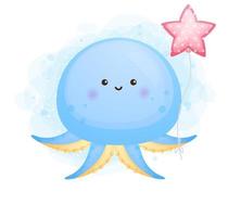 Cute doodle baby octopus holding balloon cartoon character vector