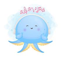 lindo, feliz, doodle, bebé, pulpo, juega, música, caricatura, personaje vector