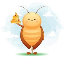 Cute cockroach holding a pizza slice. Cartoon character and mascot illustration. vector