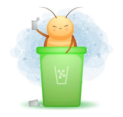 Cute doodle cockroach inside the trash can