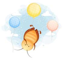 Cute doodle cucaracha flotando con globos en el personaje de dibujos animados del cielo vector