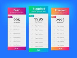 diseño de tabla de precios para sitio web vector