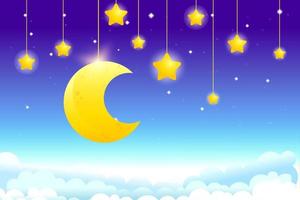 Night sky background with hanging moon and stars, fantasy background vector