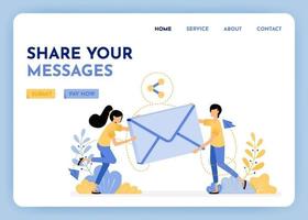 Sharing and sending email. Woman and man holding 3d envelope to communication and discussion. Send messages with internet. Email with 3d style. Illustration for landing page, web, website, poster, ui