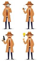 Detective in hat and coat. Handsome character vector