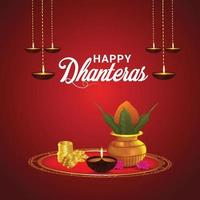 Happy dhanteras indian festival celebration greeting card with gold coin pot vector