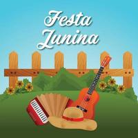 Festa junina invitation cards with guitar and paper lantern on white background vector