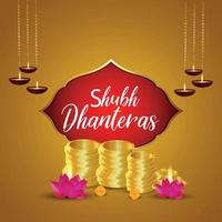 diseño de tarjeta de felicitación shubh dhanteras con maceta de monedas de oro con flor de loto vector