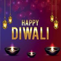 Diwali indian festival celebration greeting card  with hanging lamp and diya vector
