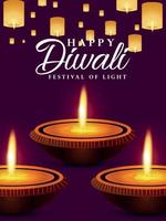 Happy diwali invitation greeting card with oil lamp and diya vector